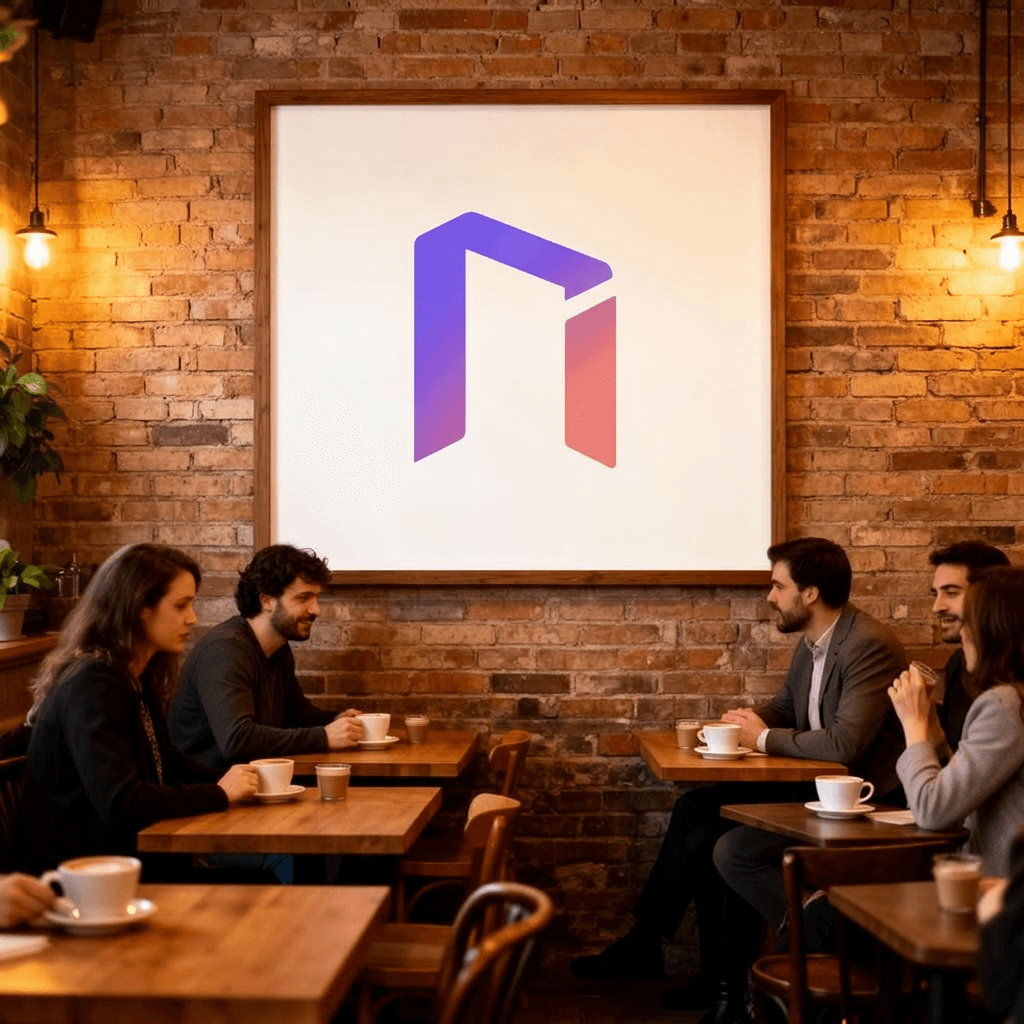An OpenWall poster framed on a café's brick wall